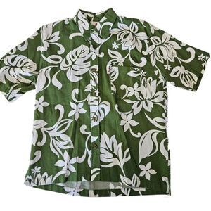 Hinano Tahiti Green Tropical Print 100% Cotton Button Down Short Sleeve Shirt M
